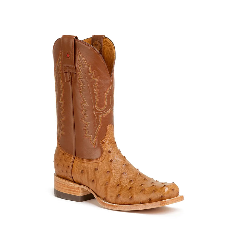 Bota de Avestruz Antonio Full Quill Stockman Square Toe - Cognac