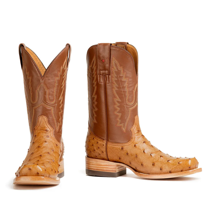 Bota de Avestruz Antonio Full Quill Stockman Square Toe - Cognac
