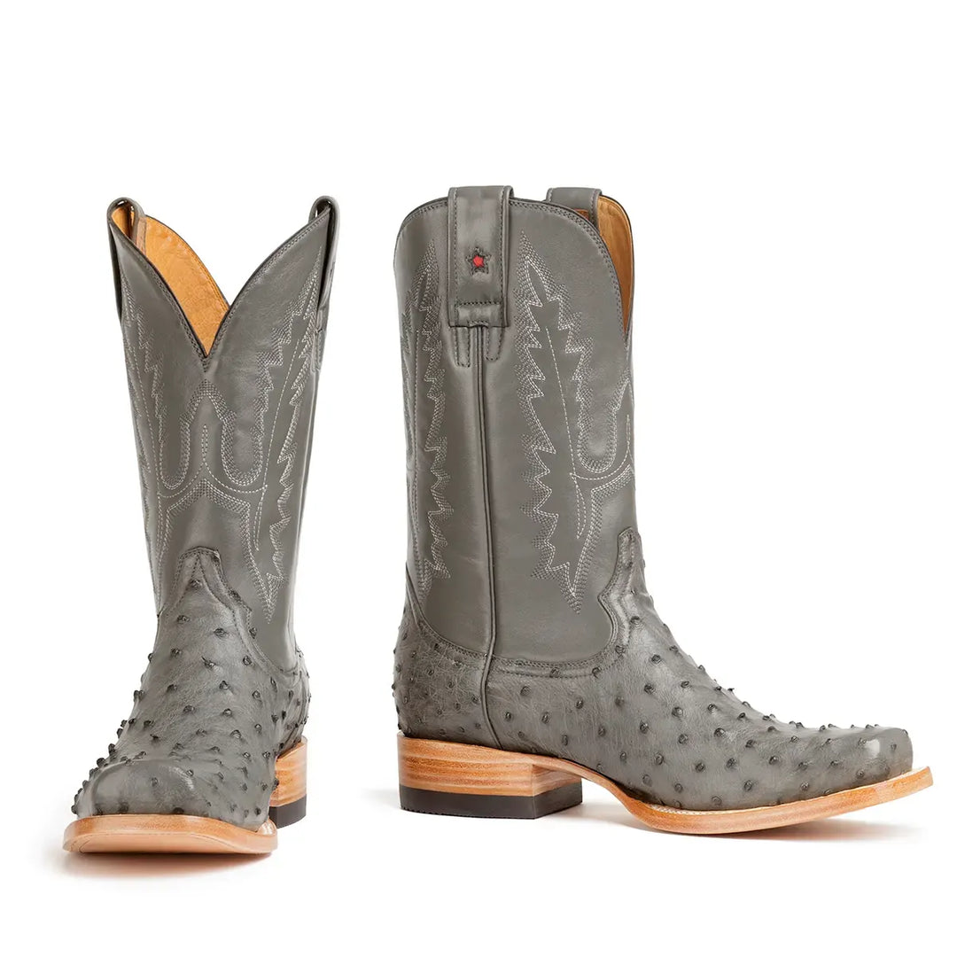 Antonio Full Quill Avestruz Stockman Bota de punta cuadrada - Gris