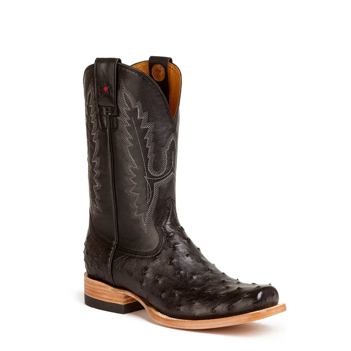 Antonio Full Quill Avestruz Stockman Bota de punta cuadrada - Negro