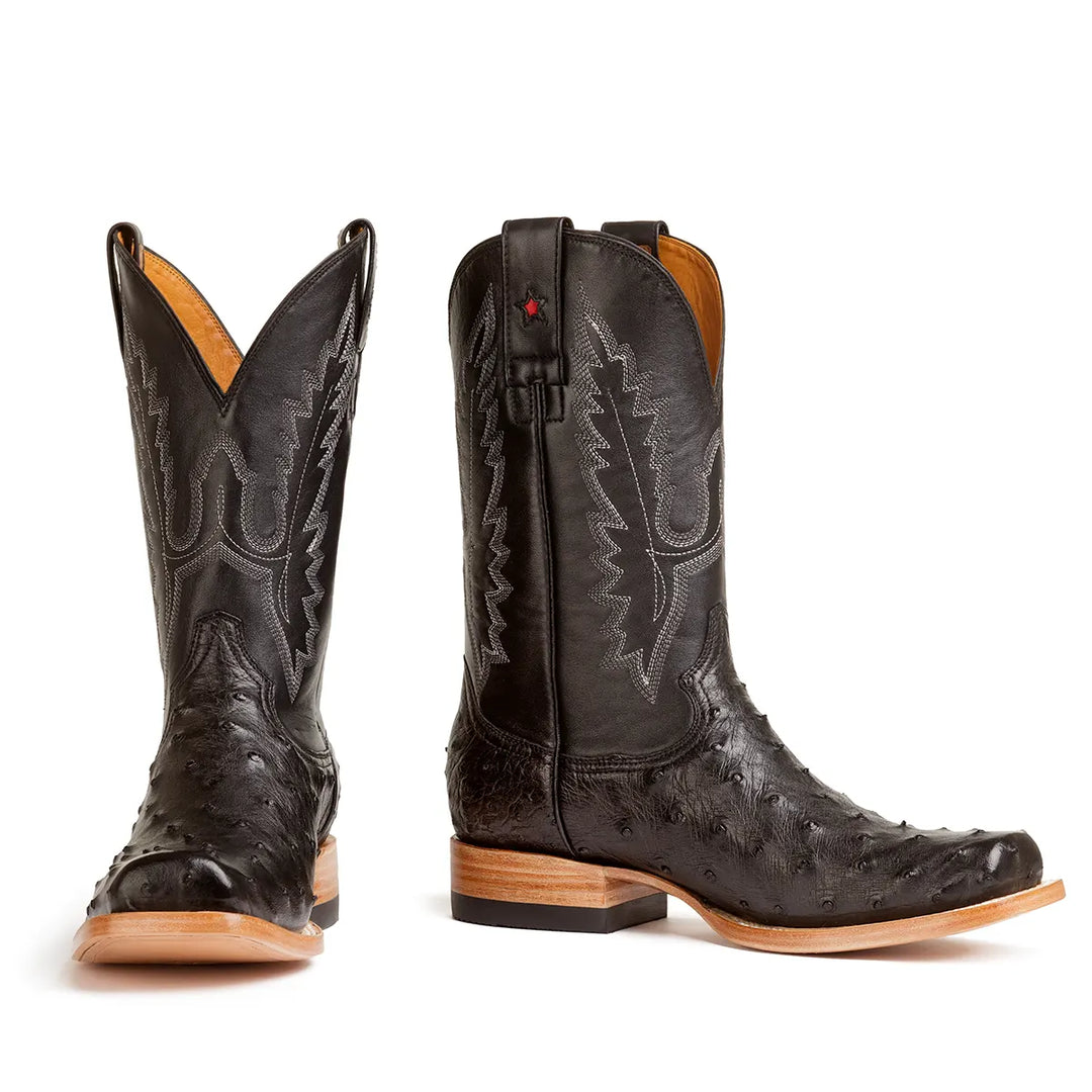 Antonio Full Quill Avestruz Stockman Bota de punta cuadrada - Negro