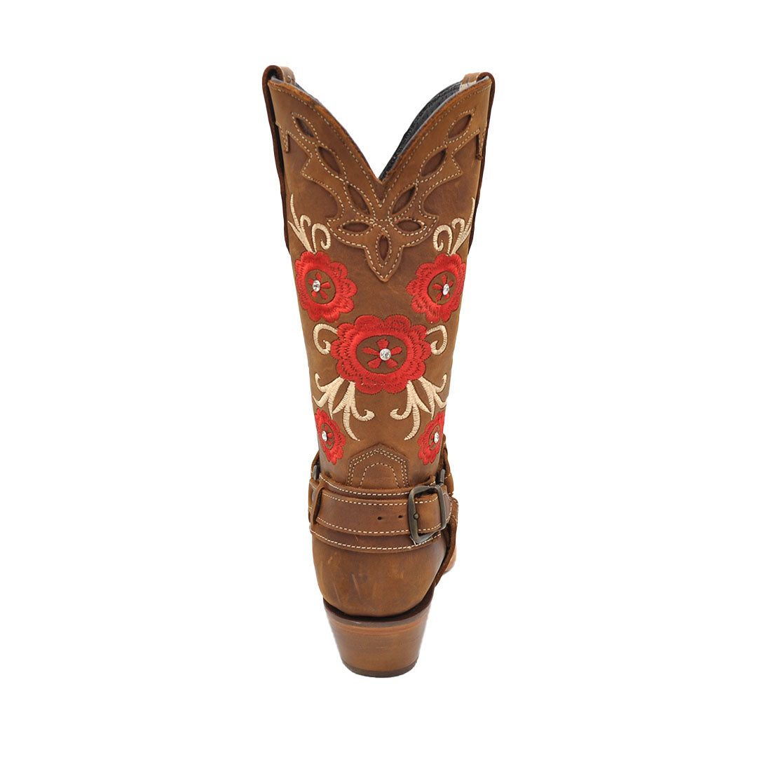 Botas Luma de mujer con punta cuadrada de color marrón y rosas rojas