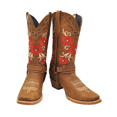 Botas Luma de mujer con punta cuadrada de color marrón y rosas rojas
