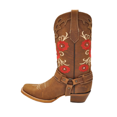Luma Women's Red Roses Square Toe Western Brown Boots