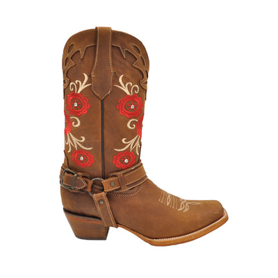Luma Women's Red Roses Square Toe Western Brown Boots